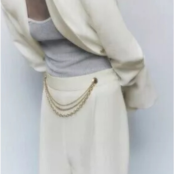 NWT ZARA NEW Ecru Womens Pants with Gold Chain Trousers Sz L - Picture 2 of 13